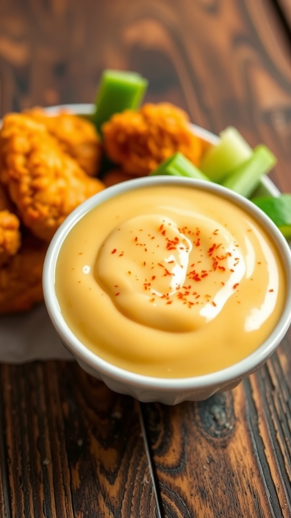 A bowl of creamy Gold Fever Sauce with chicken tenders and vegetables on a wooden table.